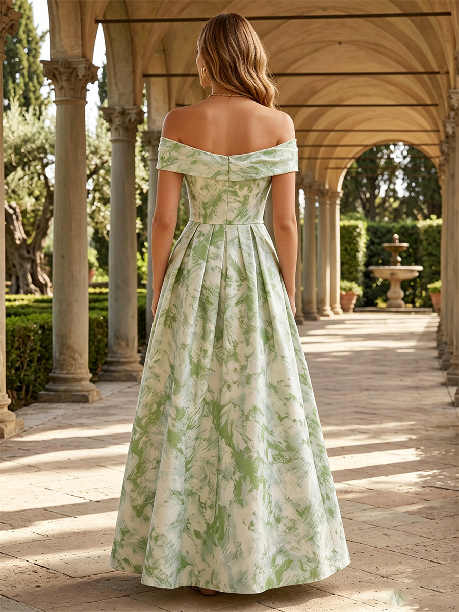 Floral Print A Line Off the Shoulder Pocket Pleats Evening Dresses