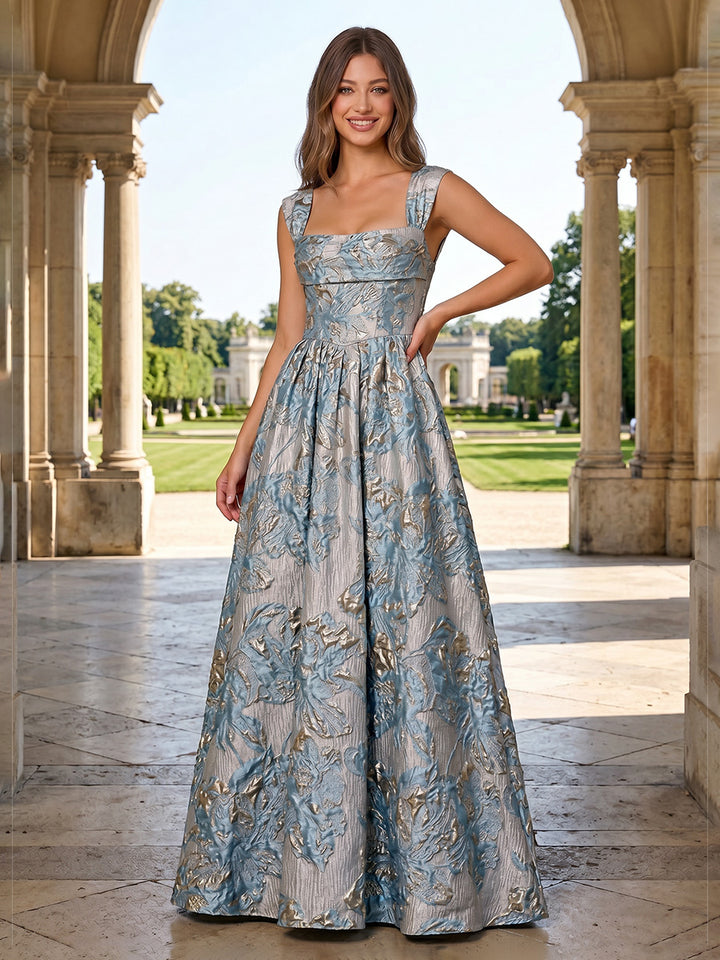Jacquard Floral A Line Square Neck Ruched Evening Dresses