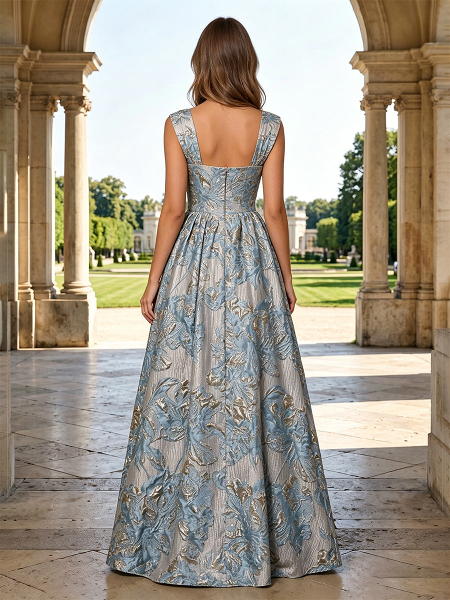 Jacquard Floral A Line Square Neck Ruched Evening Dresses