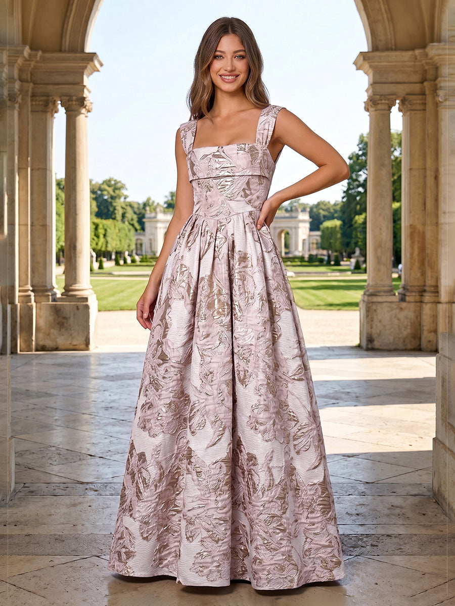 Jacquard Floral A Line Square Neck Ruched Evening Dresses