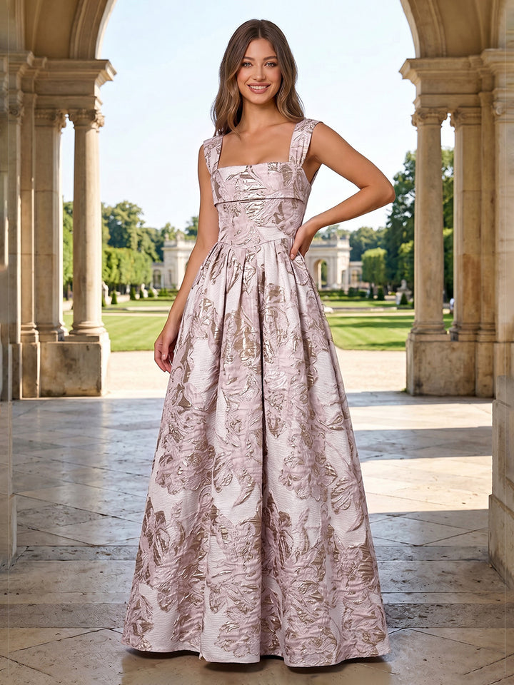 Jacquard Floral A Line Square Neck Ruched Evening Dresses