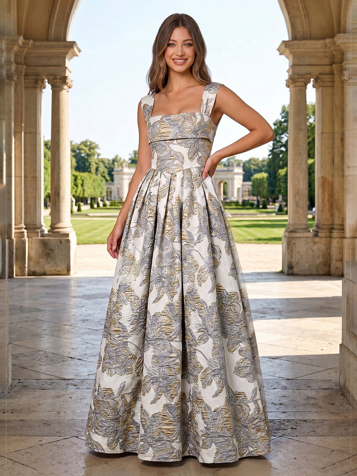Jacquard Floral A Line Square Neck Ruched Evening Dresses