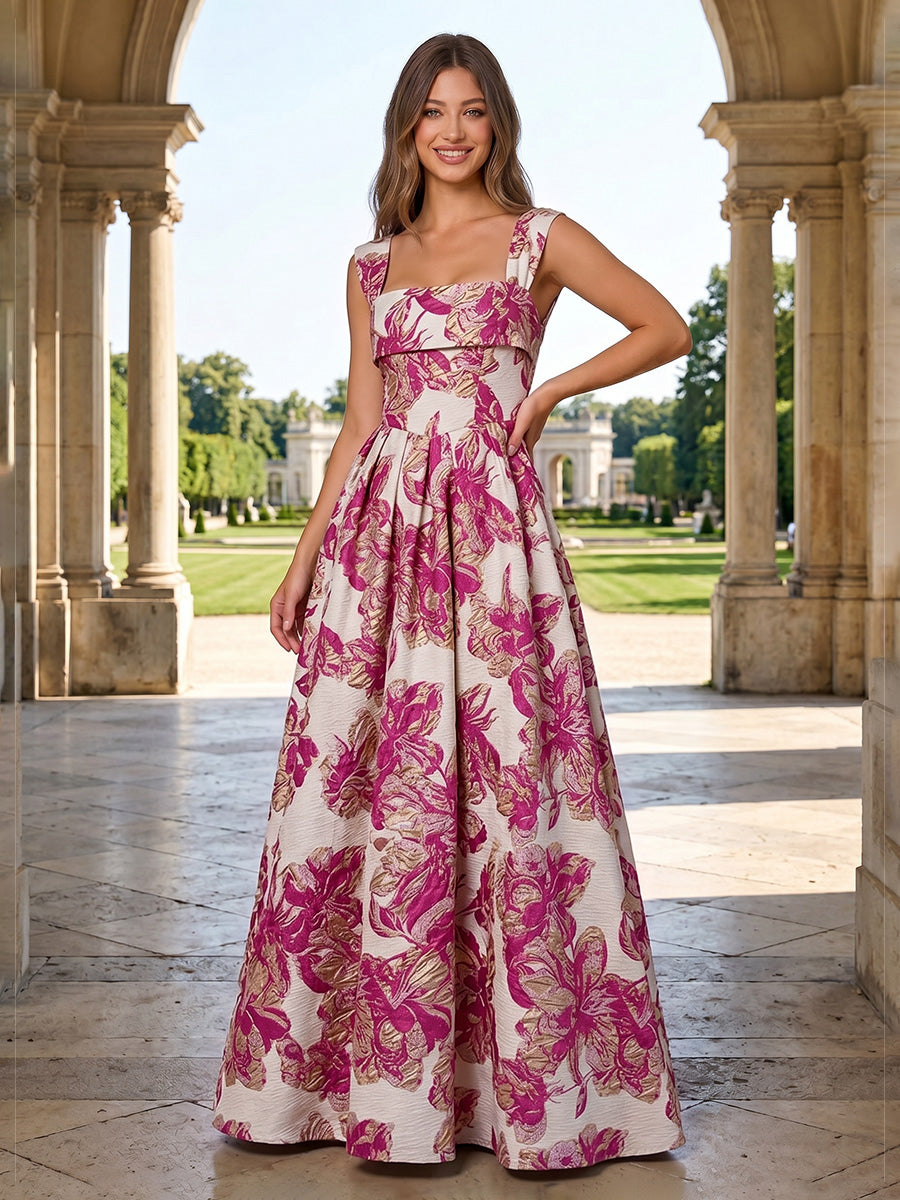 Jacquard Floral A Line Square Neck Ruched Evening Dresses