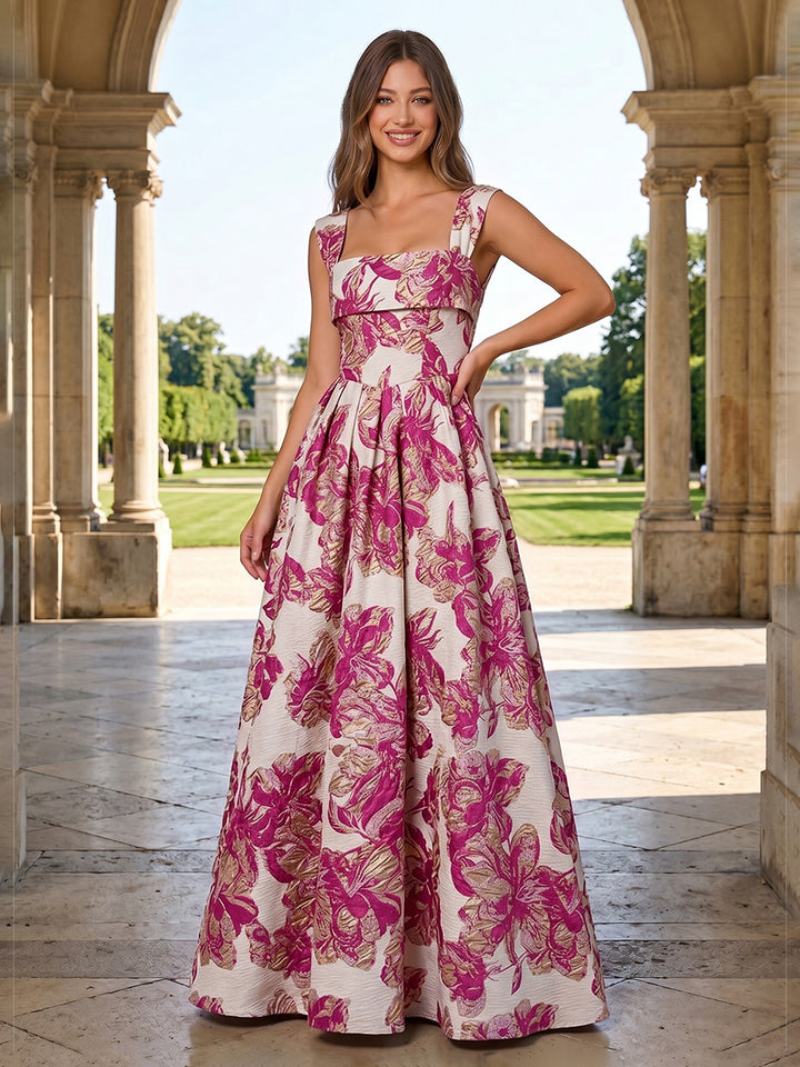 Jacquard Floral A Line Square Neck Ruched Evening Dresses