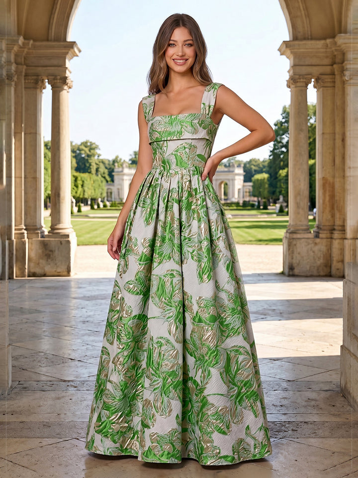 Jacquard Floral A Line Square Neck Ruched Evening Dresses