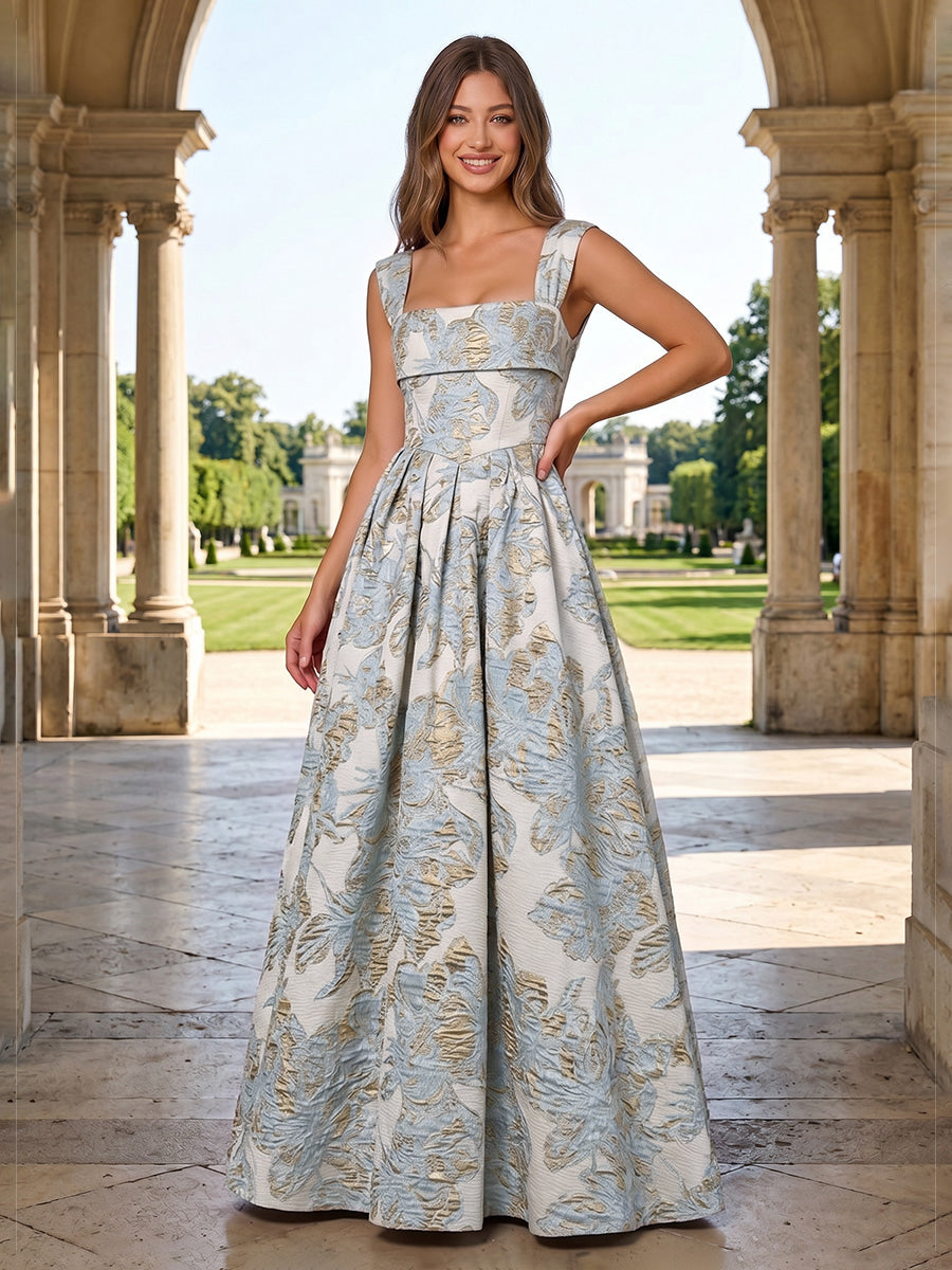 Jacquard Floral A Line Square Neck Ruched Evening Dresses
