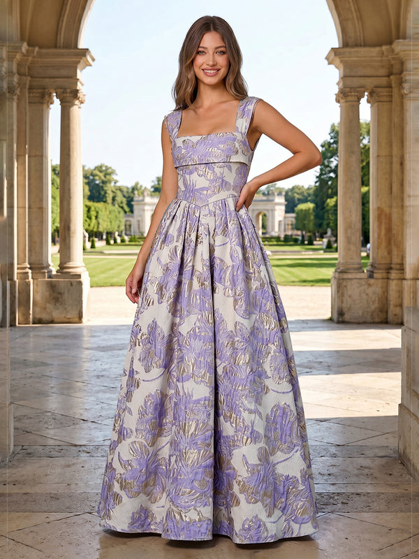 Jacquard A Line Square Neck Pleats Corset Evening Dresses