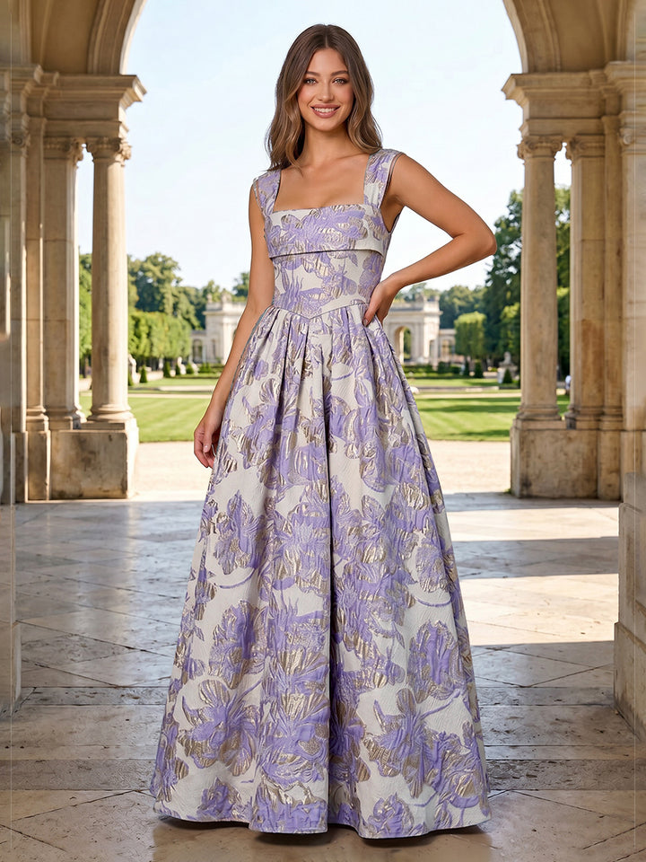 Jacquard Floral A Line Square Neck Ruched Evening Dresses