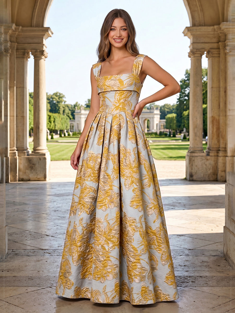 Jacquard Floral A Line Square Neck Ruched Evening Dresses