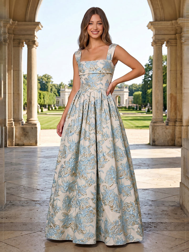 Jacquard Floral A Line Square Neck Ruched Evening Dresses