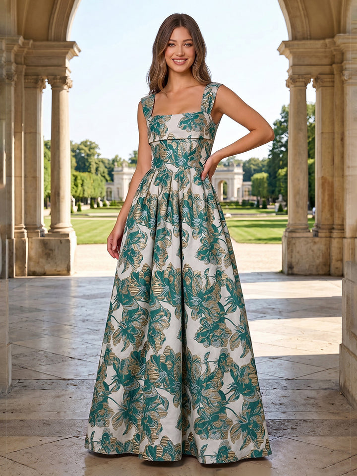 Jacquard Floral A Line Square Neck Ruched Evening Dresses