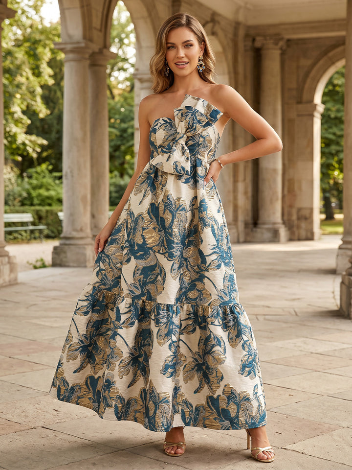 Jacquard A Line Tiered Strapless Bow Evening Dresses