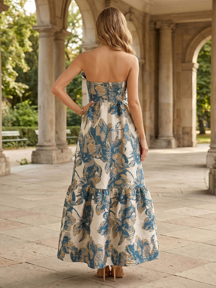 Jacquard A Line Tiered Strapless Bow Evening Dresses