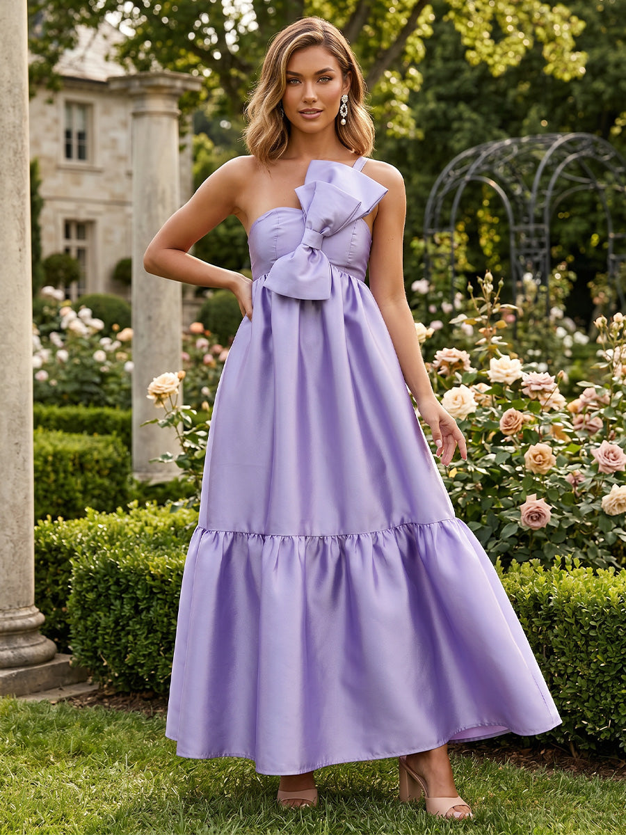 Satin A Line One Shoulder Bow Ruched Formal Dresses