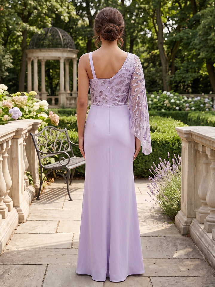 Chiffon Sheath One Shoulder Ruffles Bow Formal Dresses