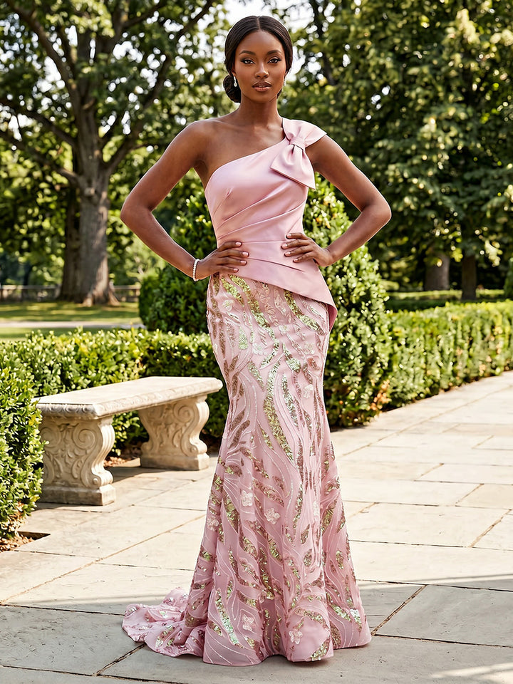 Satin Mermaid One Shoulder Ruched Bow Evening Dresses