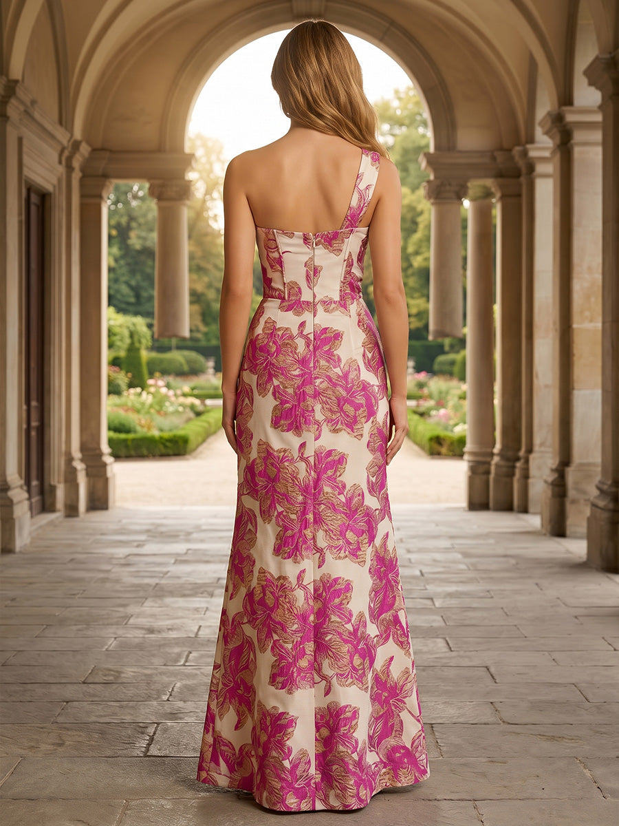 Jacquard Sheath One Shoulder Slit Ruched Evening Dresses