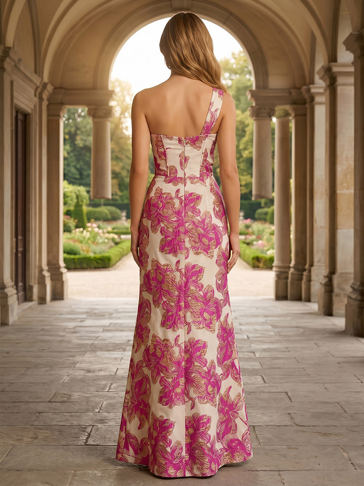 Jacquard Sheath One Shoulder Slit Ruched Evening Dresses