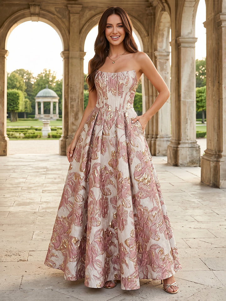 Jacquard A Line Strapless Pocket Pleats Evening Dresses
