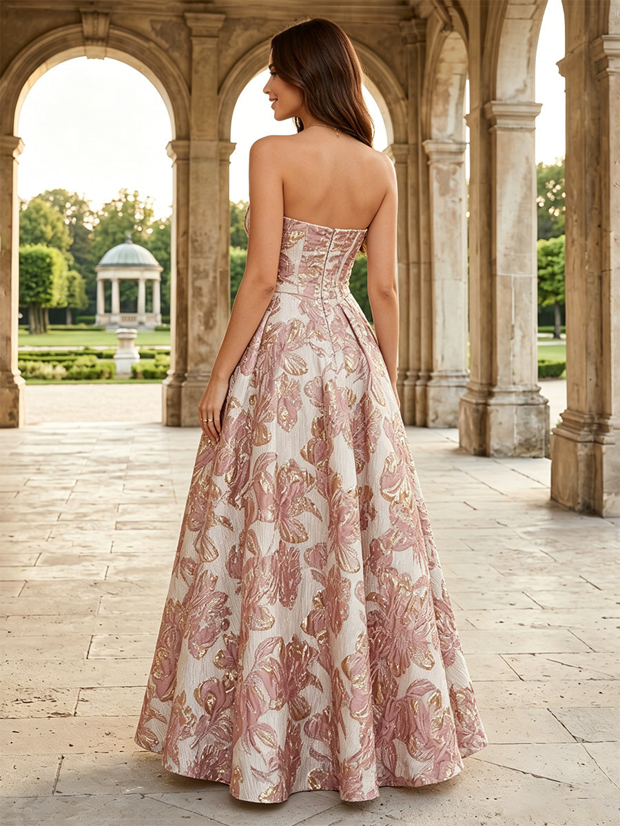 Jacquard A Line Strapless Pocket Pleats Evening Dresses