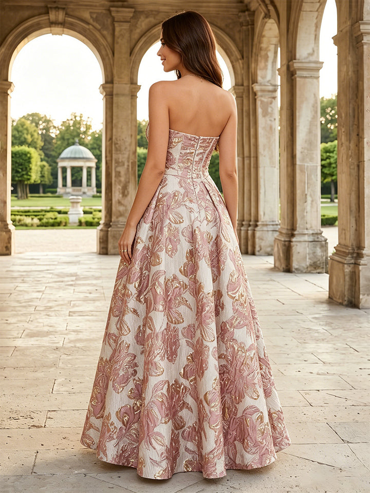 Jacquard A Line Strapless Pocket Pleats Evening Dresses