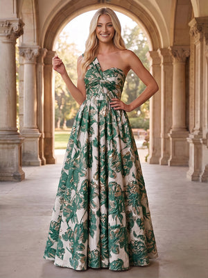 Jacquard A Line One Shoulder Pleats Ruched Evening Dresses