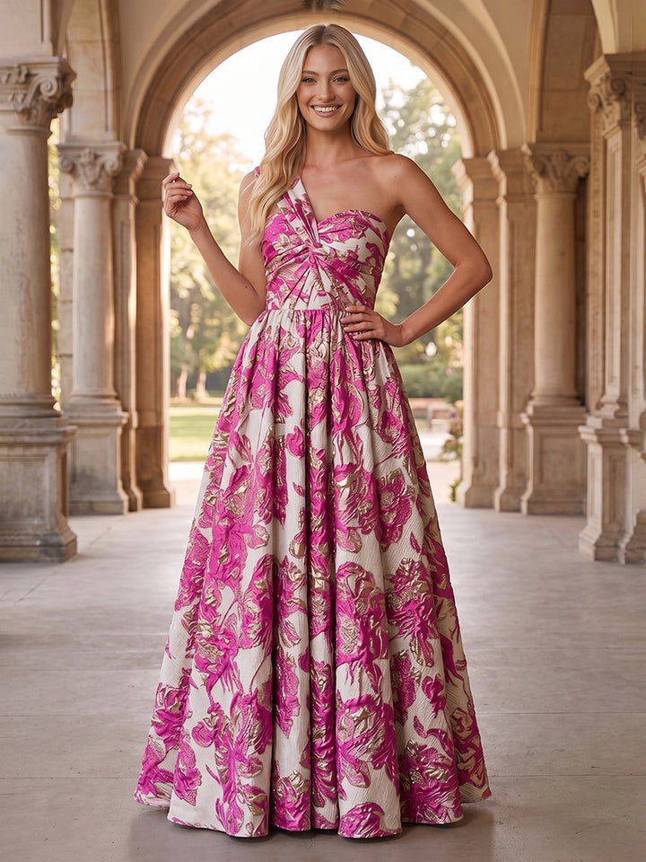 Jacquard A Line One Shoulder Sweetheart Ruched Evening Dresses