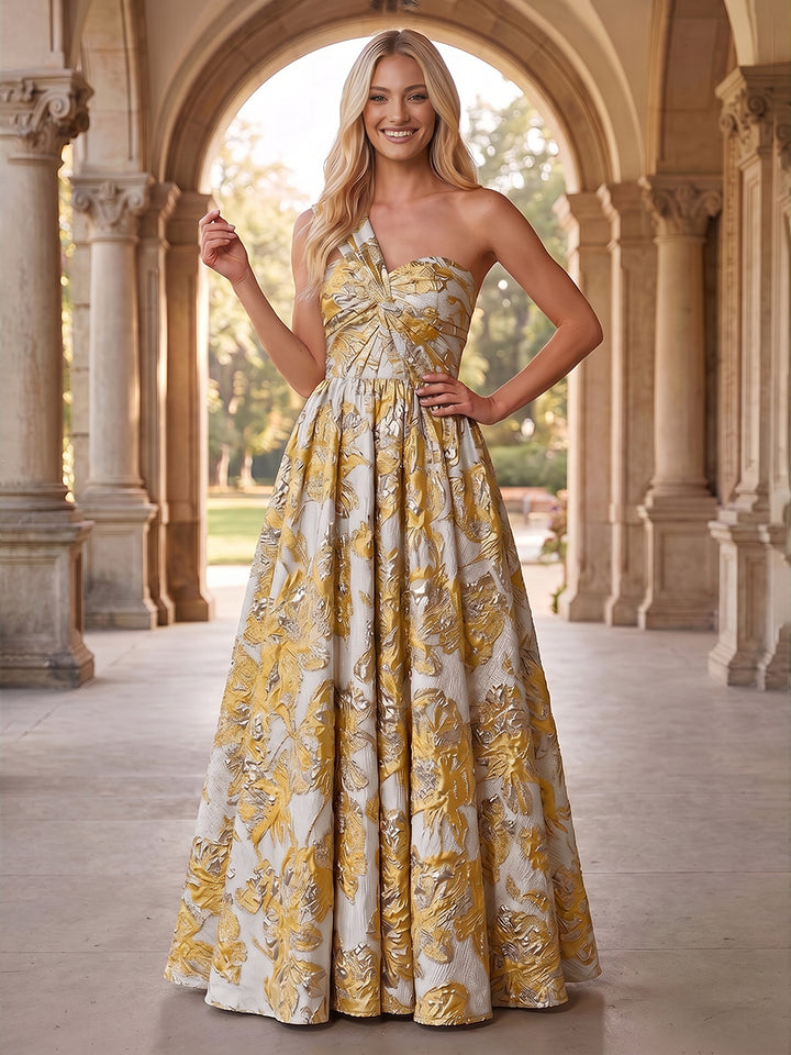 Jacquard A Line One Shoulder Sweetheart Ruched Evening Dresses