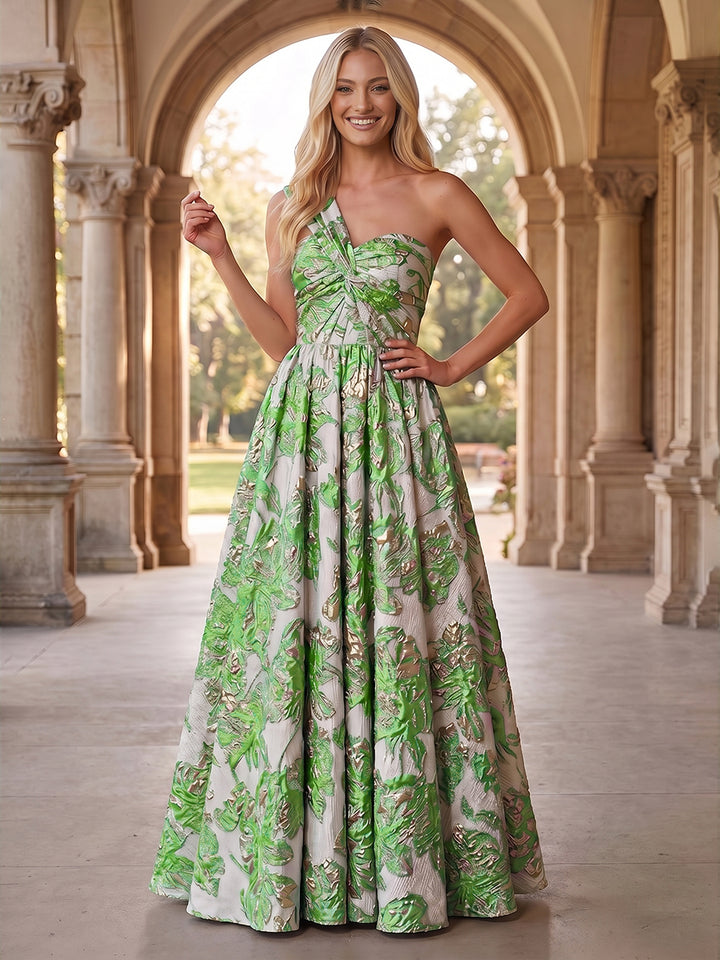 Jacquard A Line One Shoulder Sweetheart Ruched Evening Dresses