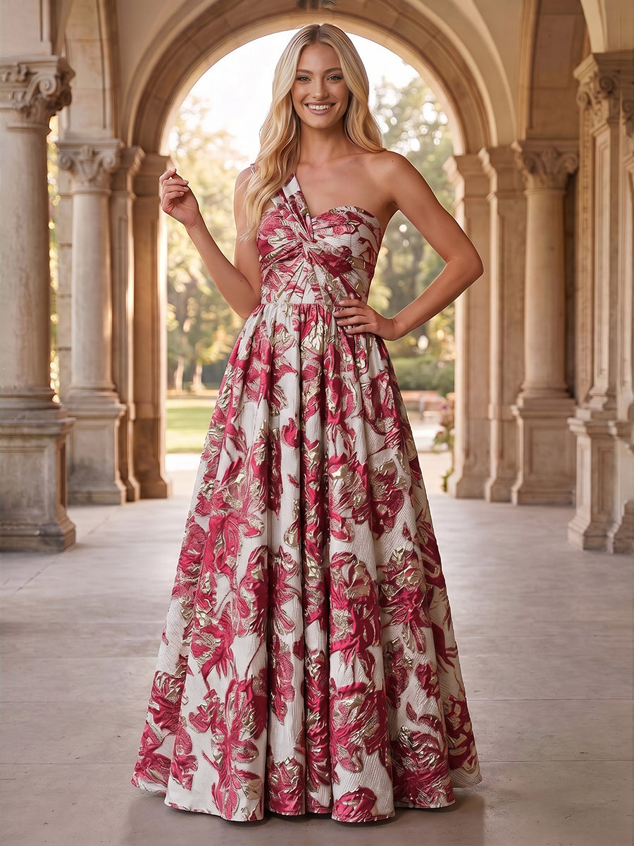 Jacquard A Line One Shoulder Sweetheart Ruched Evening Dresses