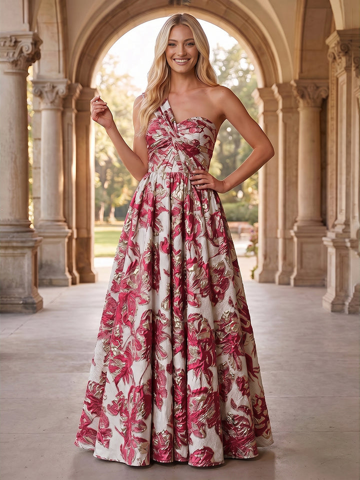 Jacquard A Line One Shoulder Sweetheart Ruched Evening Dresses