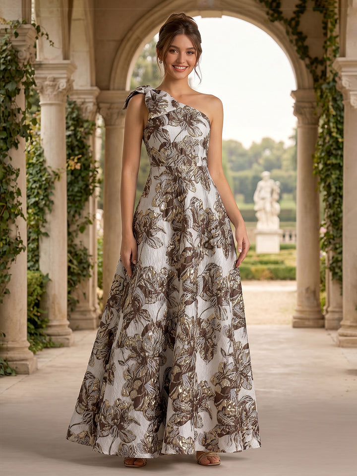 Jacquard A Line One Shoulder Floral Bow Evening Dresses