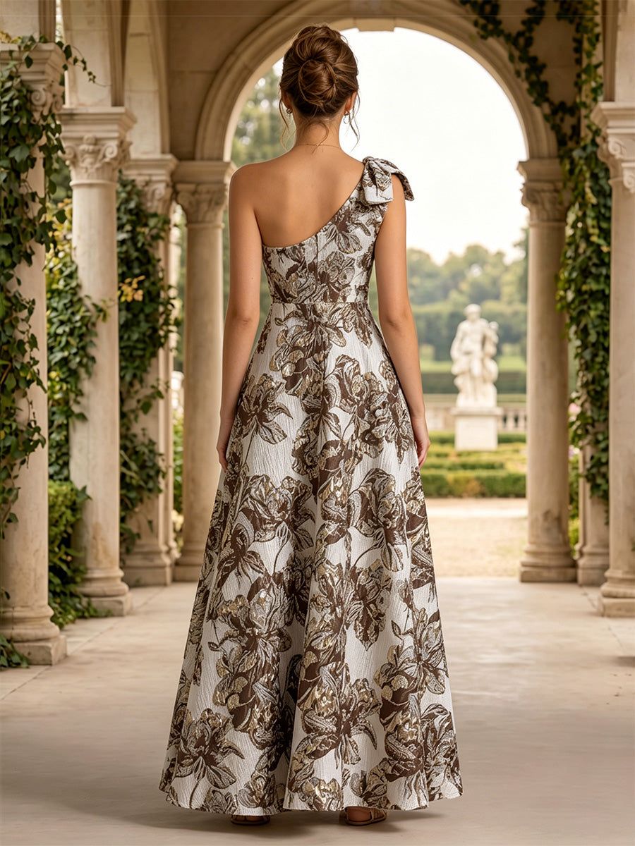 Jacquard A Line One Shoulder Floral Bow Evening Dresses