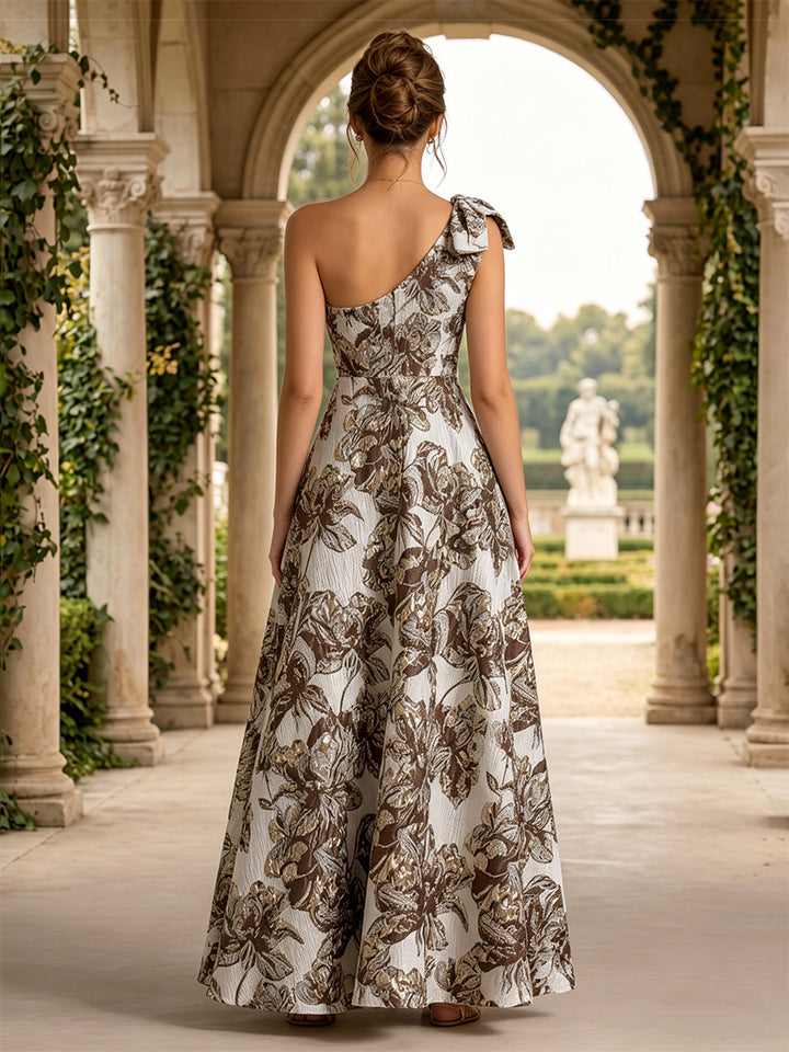 Jacquard A Line One Shoulder Floral Bow Evening Dresses