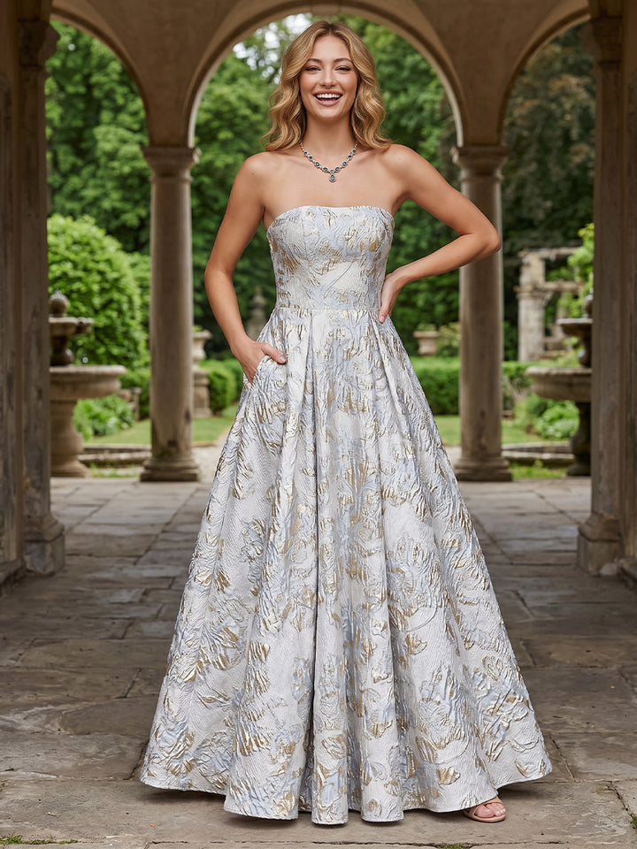 Jacquard Floral A Line Strapless Pleats Evening Dresses