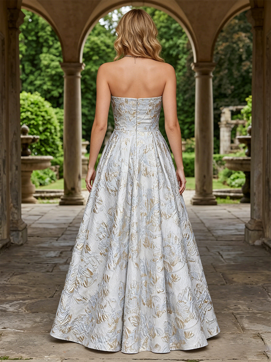 Jacquard Floral A Line Strapless Pleats Evening Dresses