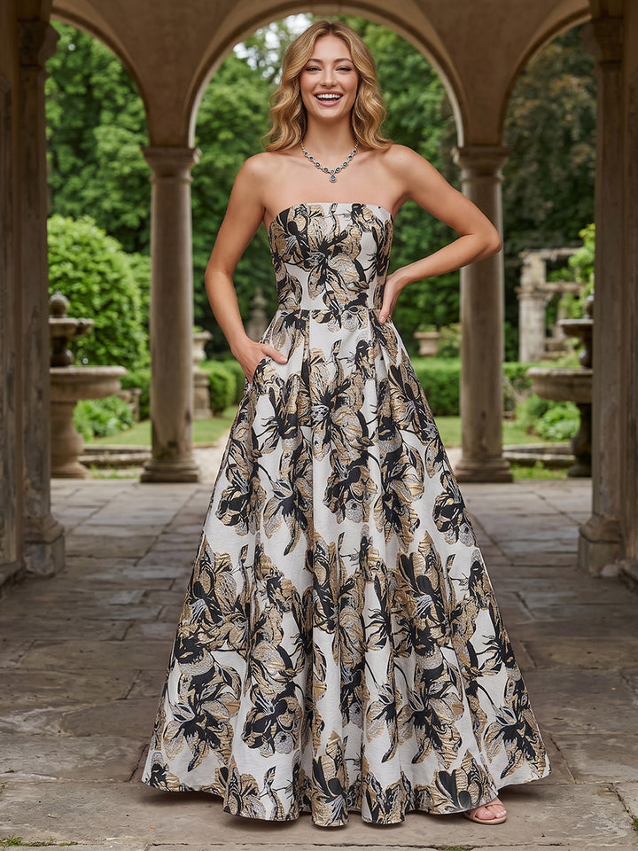 Jacquard Floral A Line Strapless Pleats Evening Dresses