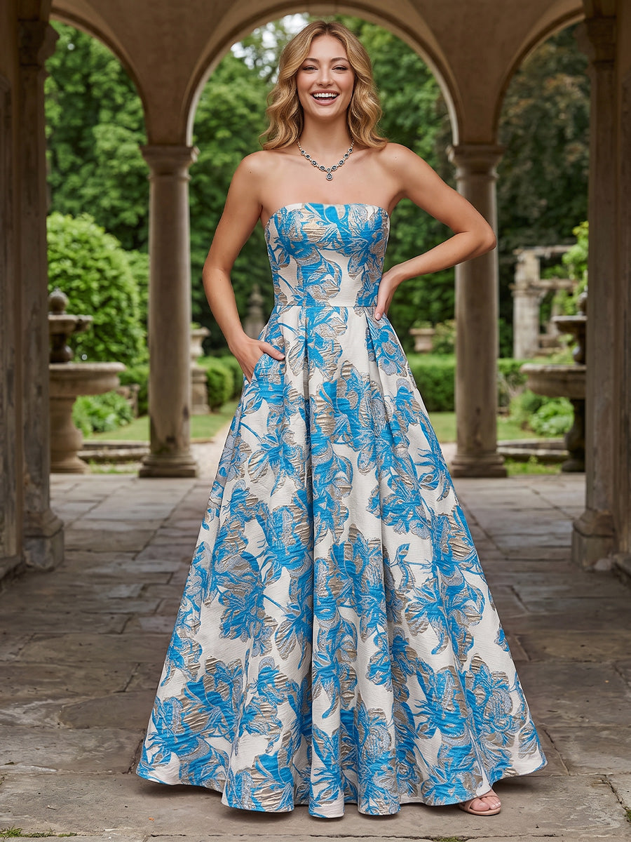 Jacquard Floral A Line Strapless Pleats Evening Dresses