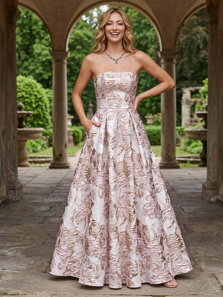 Jacquard Floral A Line Strapless Pleats Evening Dresses