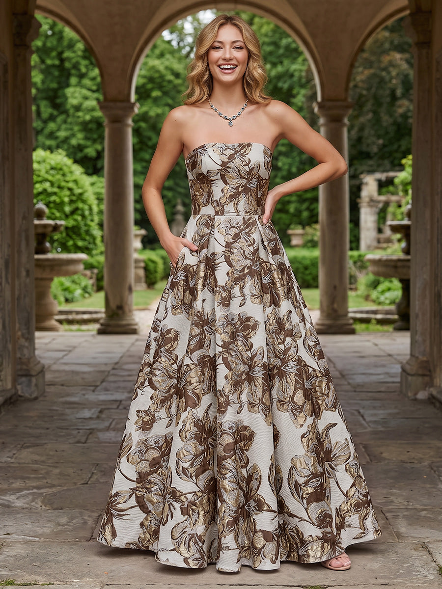 Jacquard Floral A Line Strapless Pleats Evening Dresses