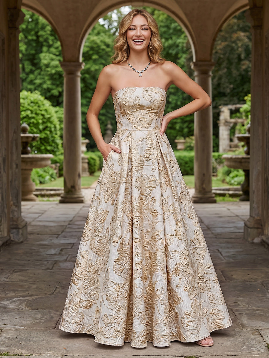 Jacquard Floral A Line Strapless Pleats Evening Dresses