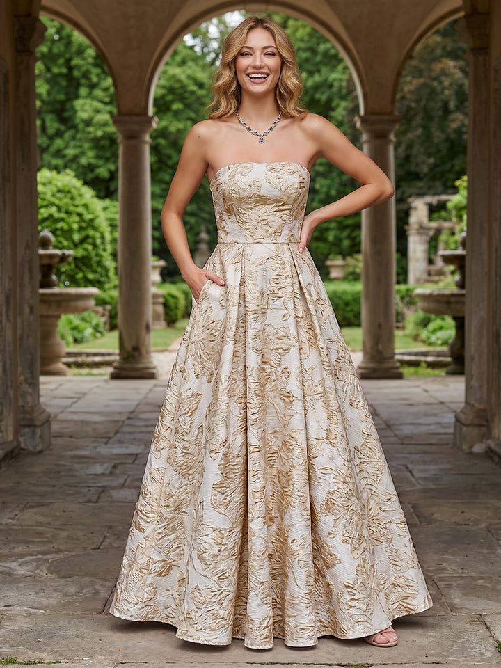 Jacquard Floral A Line Strapless Pleats Evening Dresses