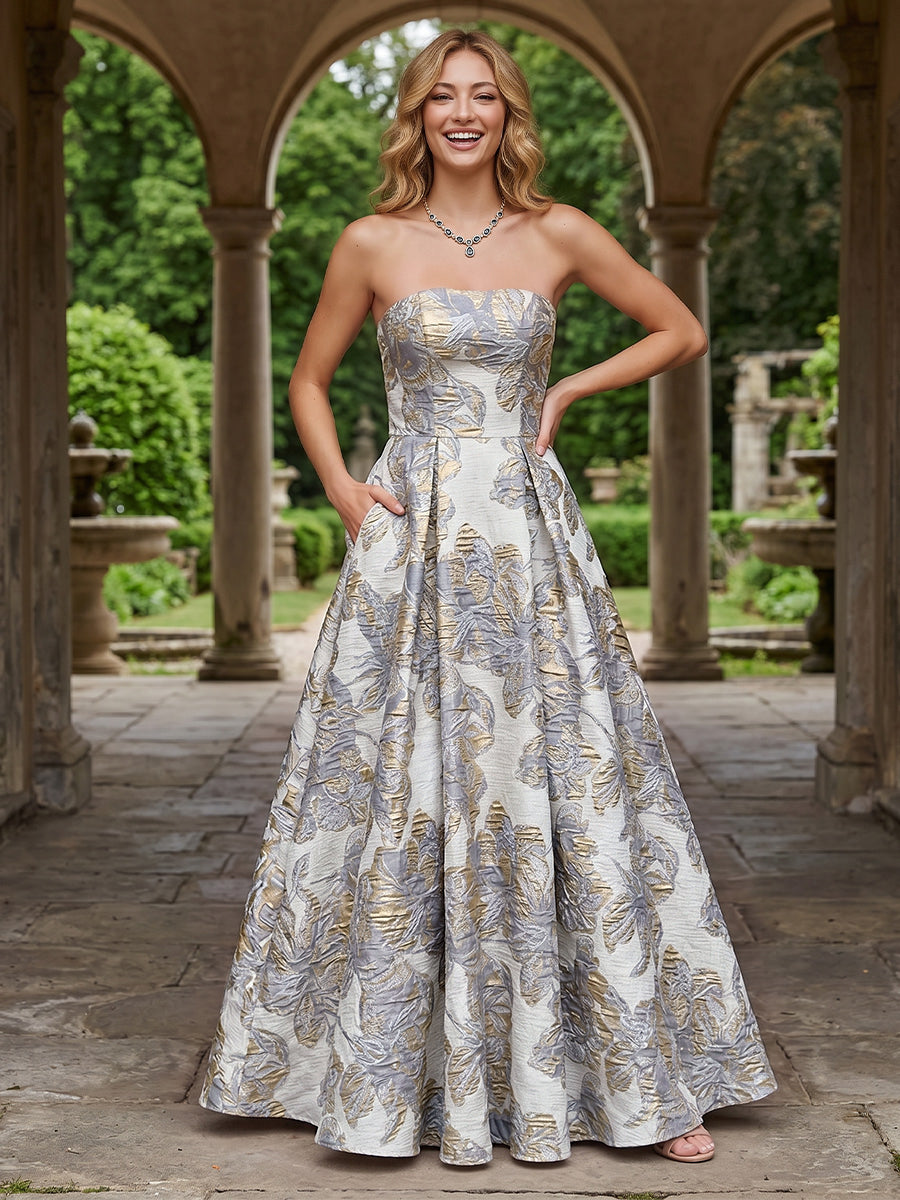 Jacquard Floral A Line Strapless Pleats Evening Dresses