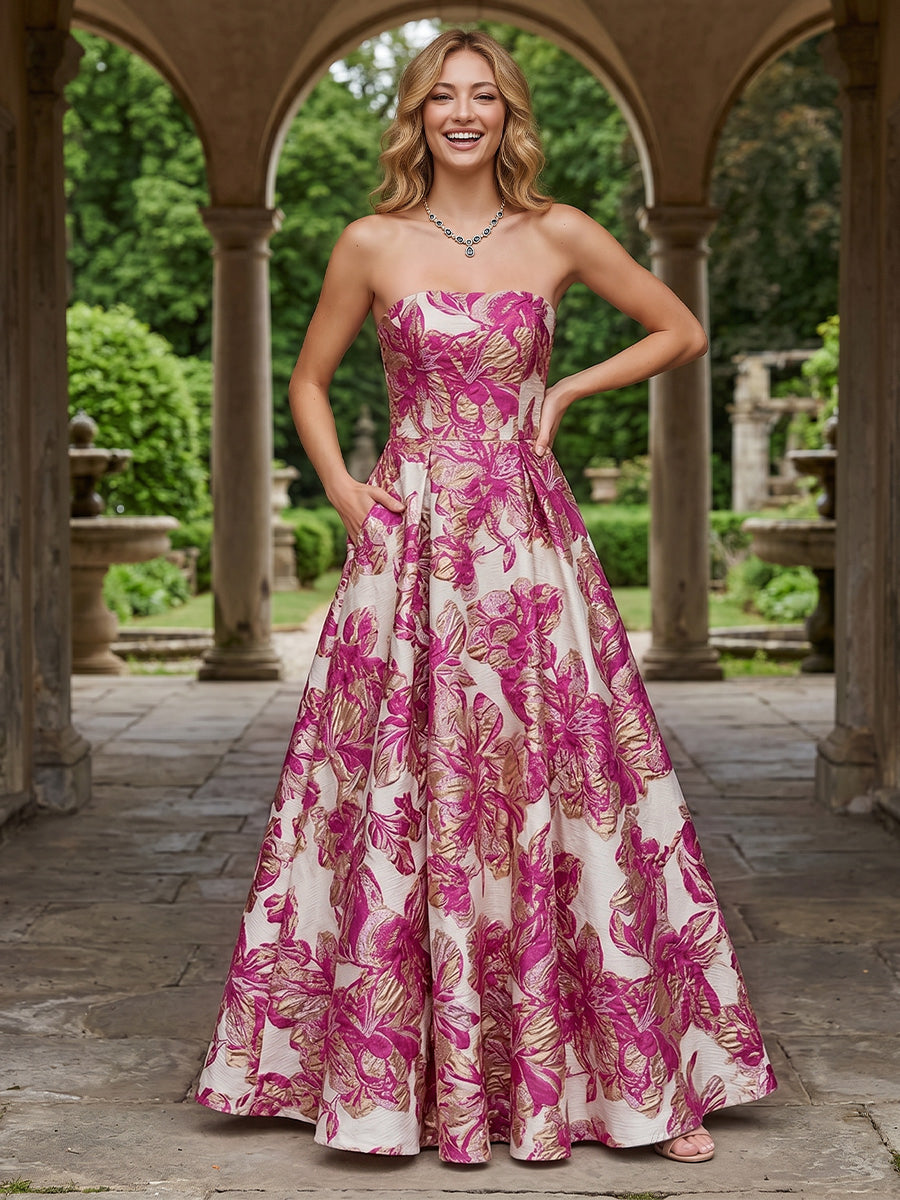 Jacquard Floral A Line Strapless Pleats Evening Dresses