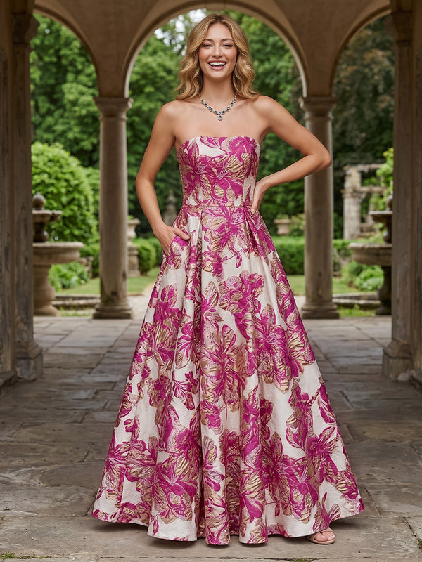 Jacquard A Line Strapless Pleats Corset Evening Dresses