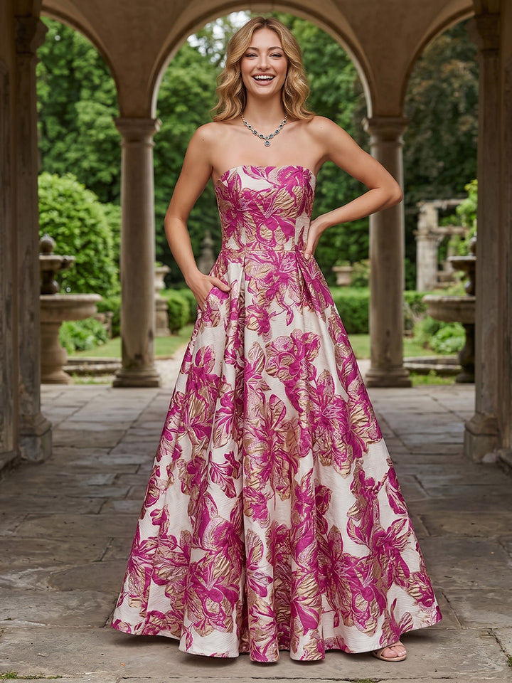 Jacquard Floral A Line Strapless Pleats Evening Dresses