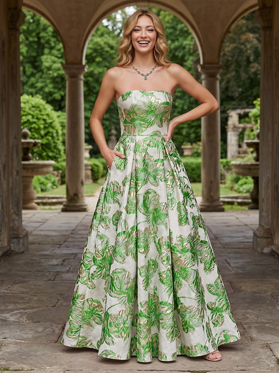 Jacquard Floral A Line Strapless Pleats Evening Dresses