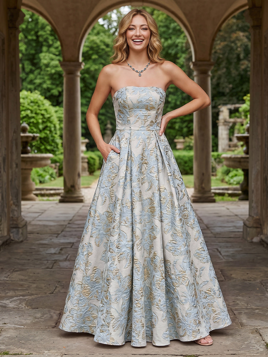 Jacquard Floral A Line Strapless Pleats Evening Dresses