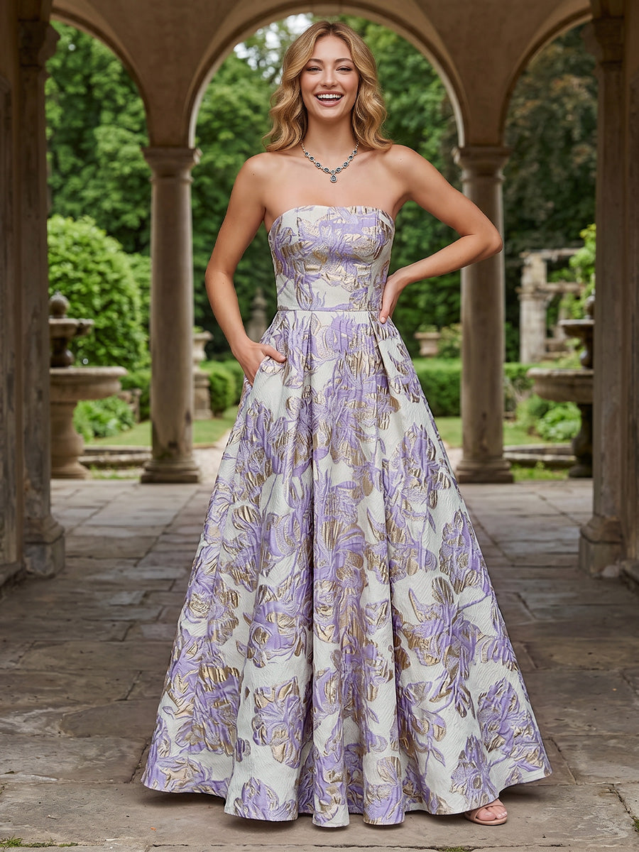 Jacquard Floral A Line Strapless Pleats Evening Dresses