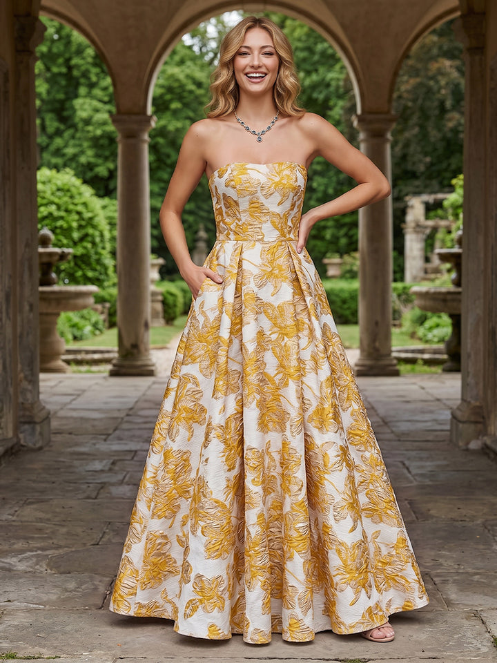 Jacquard Floral A Line Strapless Pleats Evening Dresses